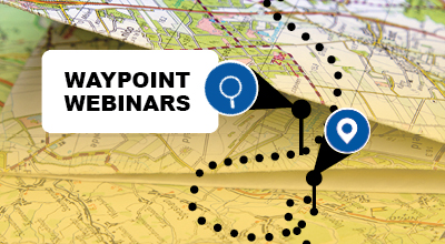 Way Point Webinars graphic showing dotted lines and blue map markers on a yellow overlay with a road map background.
