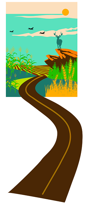 Image of a road leading to a scene with hills, fields, corn, deer, birds
