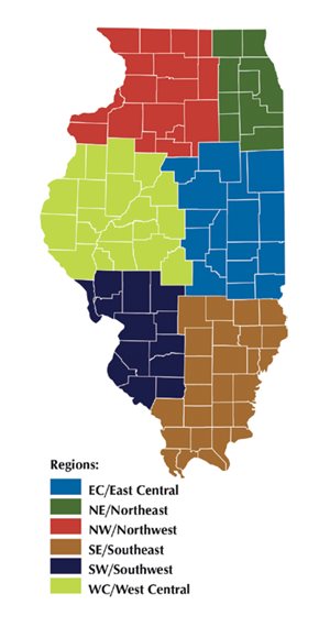 Illinois map with regions for superintendent salary study.